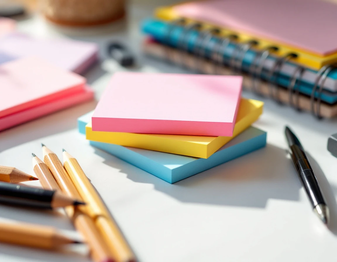 Colorful sticky note pads and writing supplies arranged on desk for back-to-school teacher orders