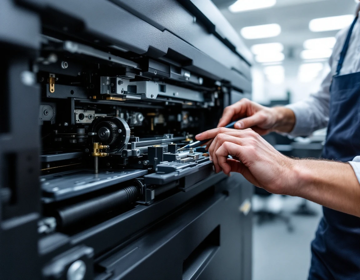 Technician performing maintenance on multifunction office printer with internal components exposed