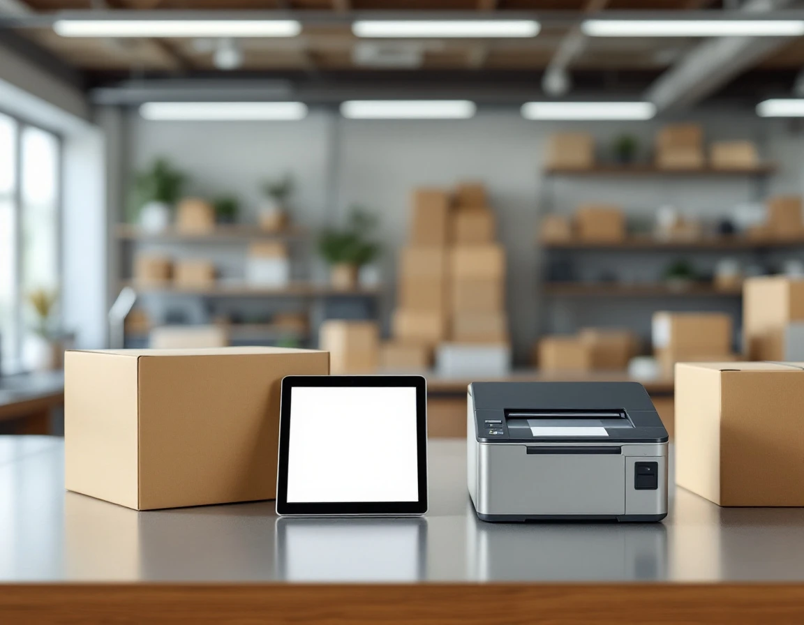 Thermal label printer and shipping boxes on retail counter with neutral lighting and authentic material textures
