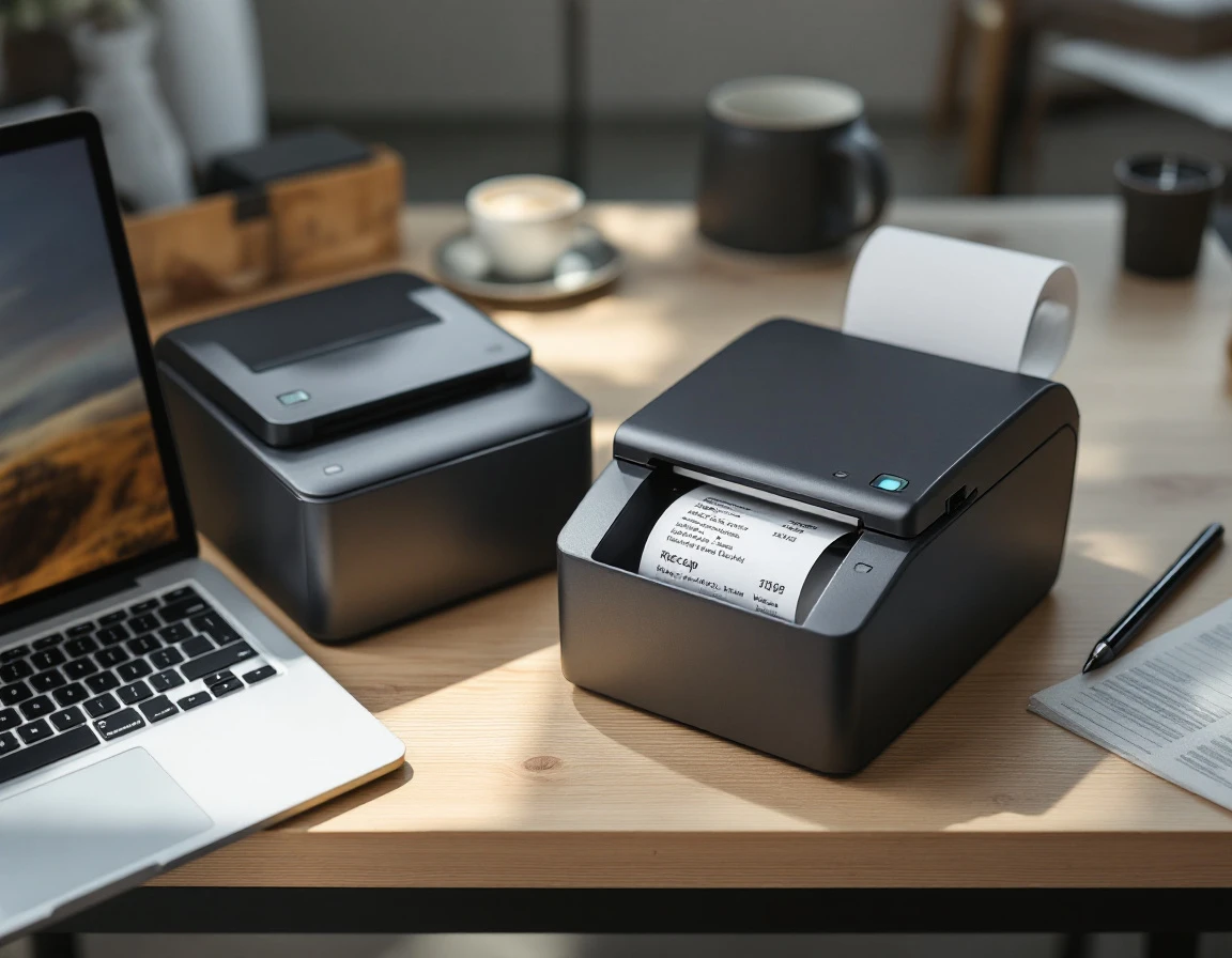 Two thermal receipt printers and laptop on retail workspace desk with natural office lighting
