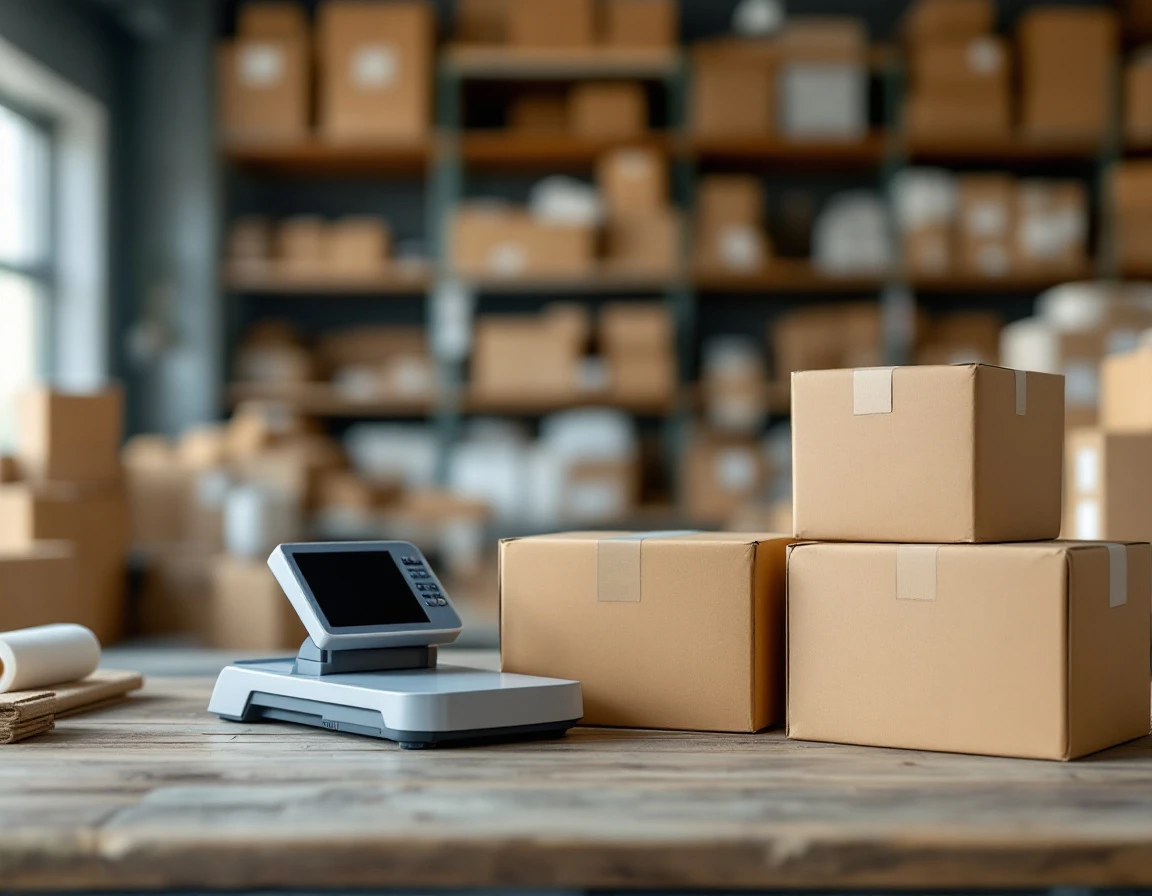 Shipping workbench with cardboard boxes, scale, and label printer in pack-and-ship store environment