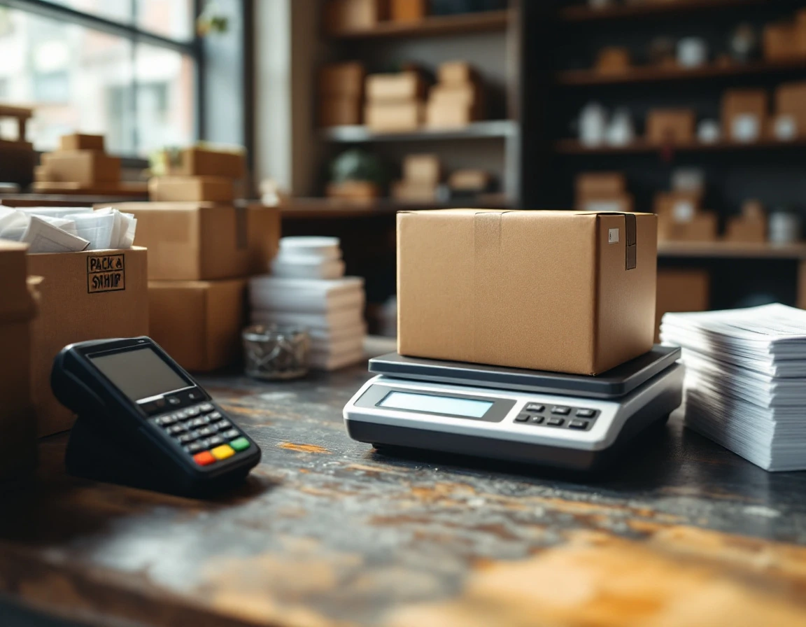 Shipping counter with package, scale, and payment terminal in independent pack-and-ship store
