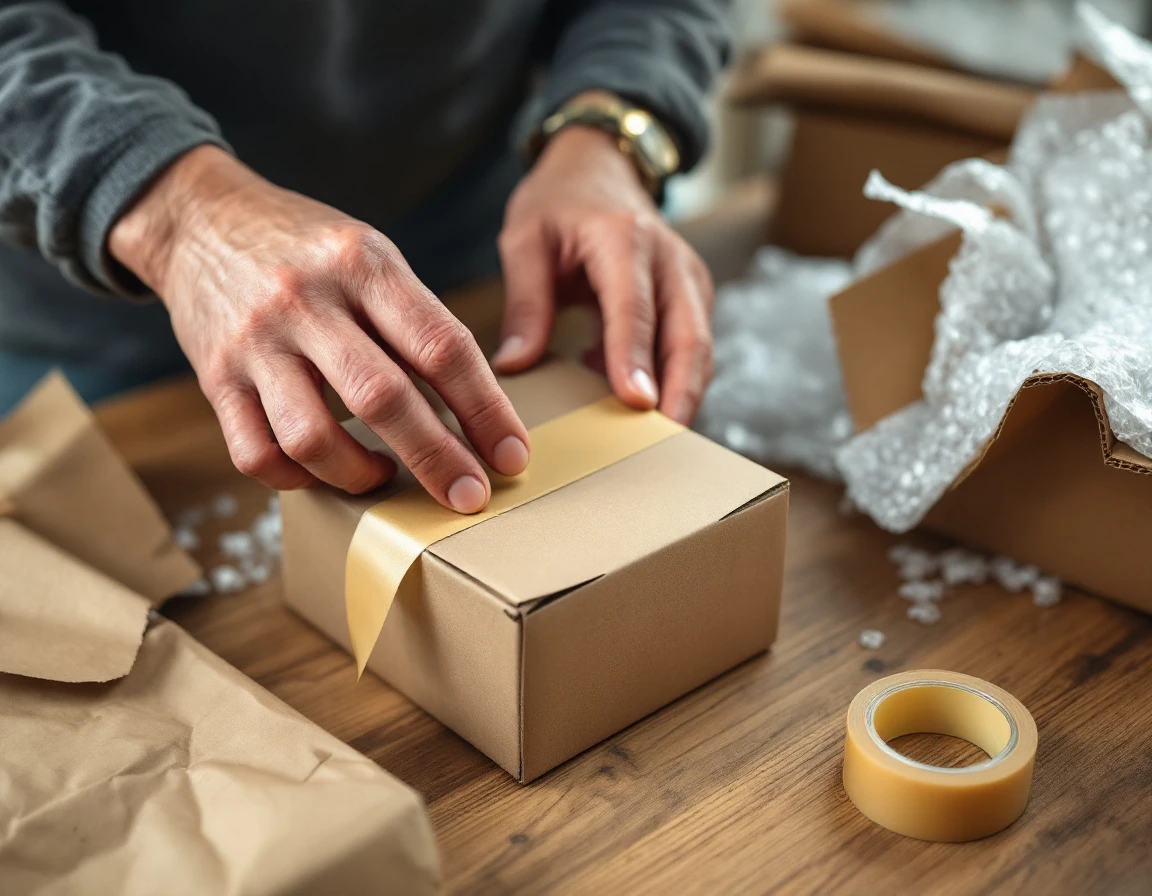 Hand wrapping cardboard package with kraft paper on shipping counter with packing materials
