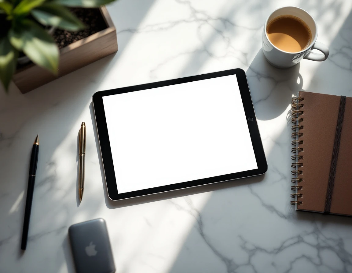 Overhead view of tablet and business planning tools on marble workspace with morning coffee
