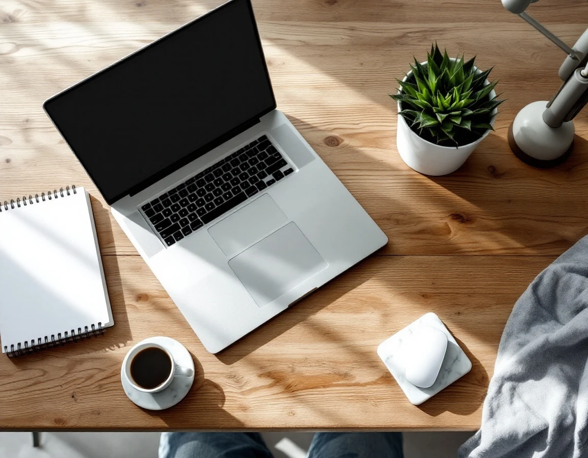 Overhead view of minimalist entrepreneur workspace with laptop, notebook, coffee, and plant on wooden desk