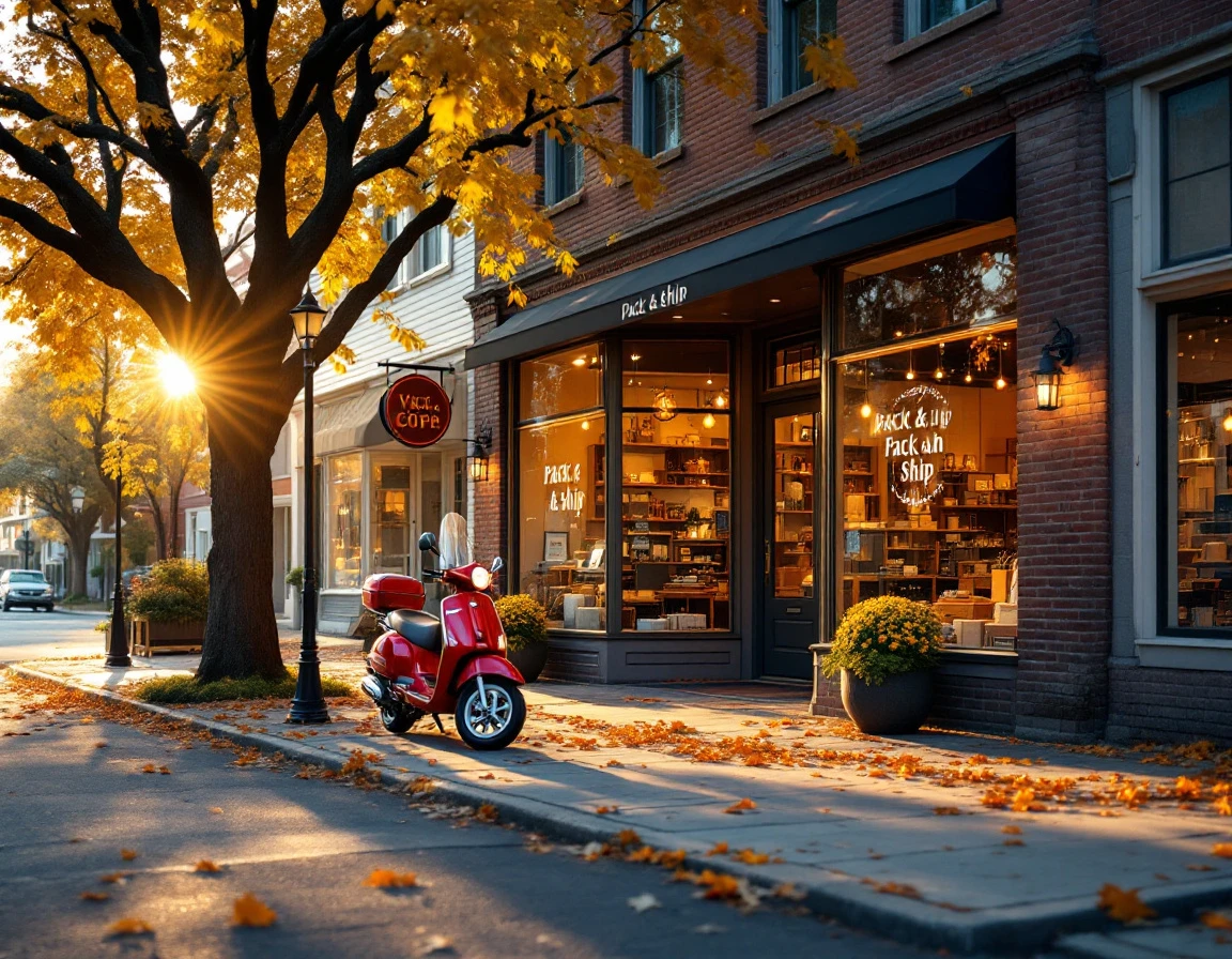 Red Vespa parked outside independent retail storefront during autumn golden hour on small business main street