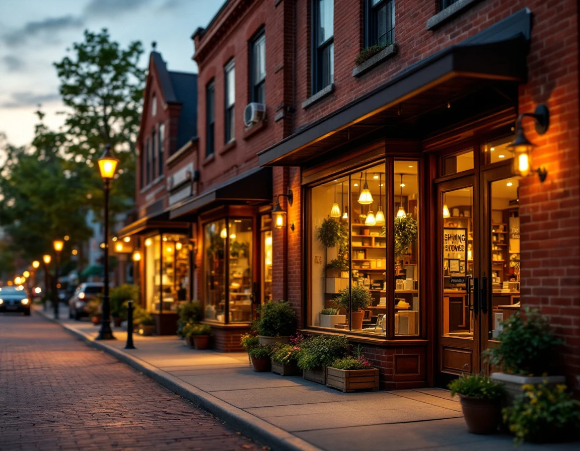 Brick storefront retail street at dusk with independent shops and warm lighting in small business district
