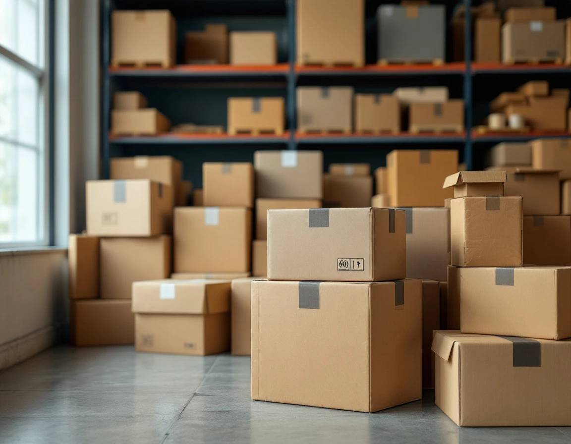 Stacked cardboard shipping boxes on warehouse shelving with varied sizes for international freight routing