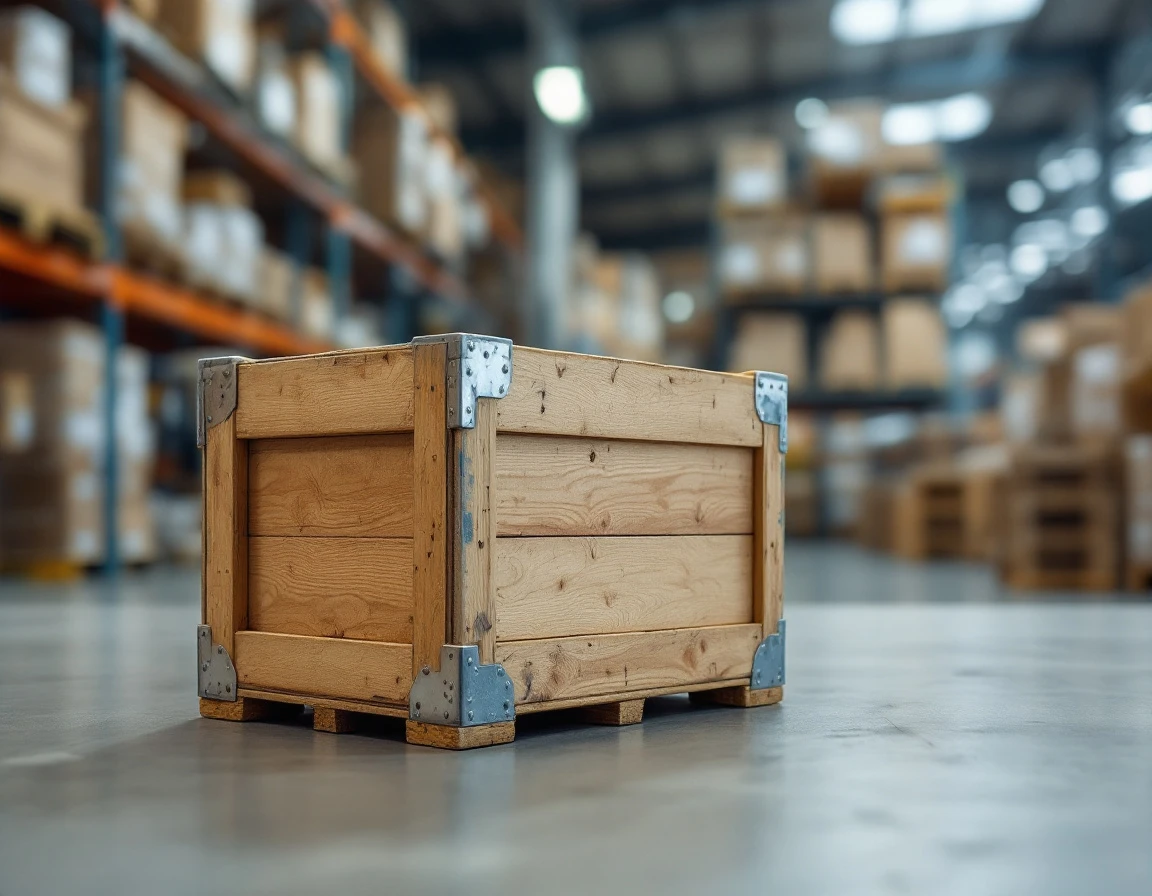 Wooden shipping crate closeup showing export packaging materials in warehouse setting