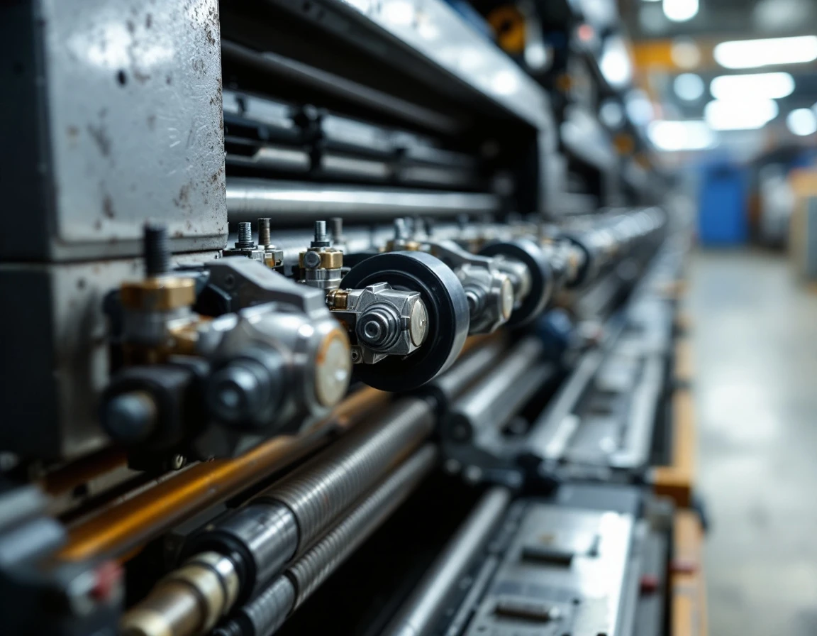 Close-up of offset printing press rollers and mechanical components in active commercial print facility