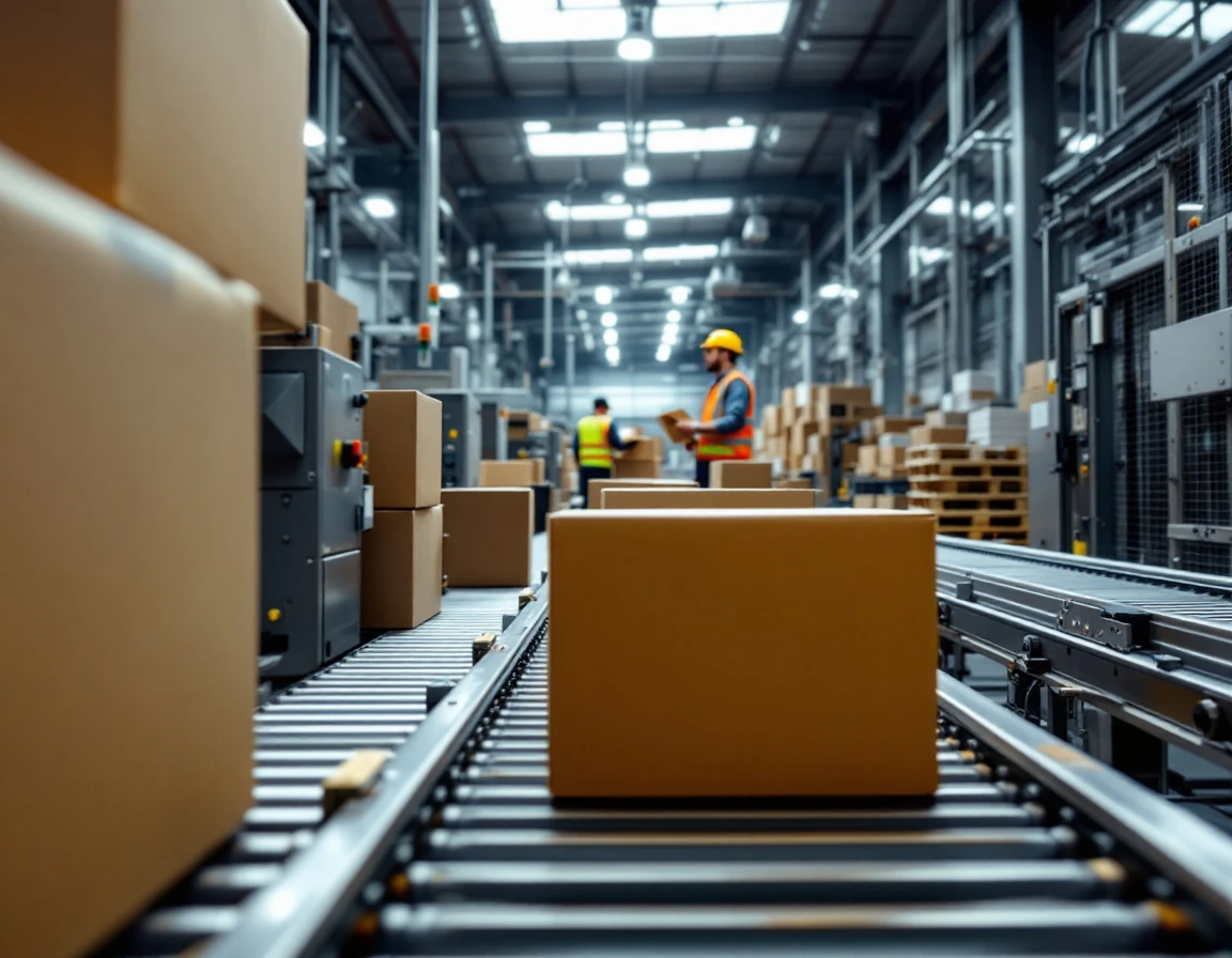 Automated conveyor system moving boxes through modern packaging facility with industrial equipment