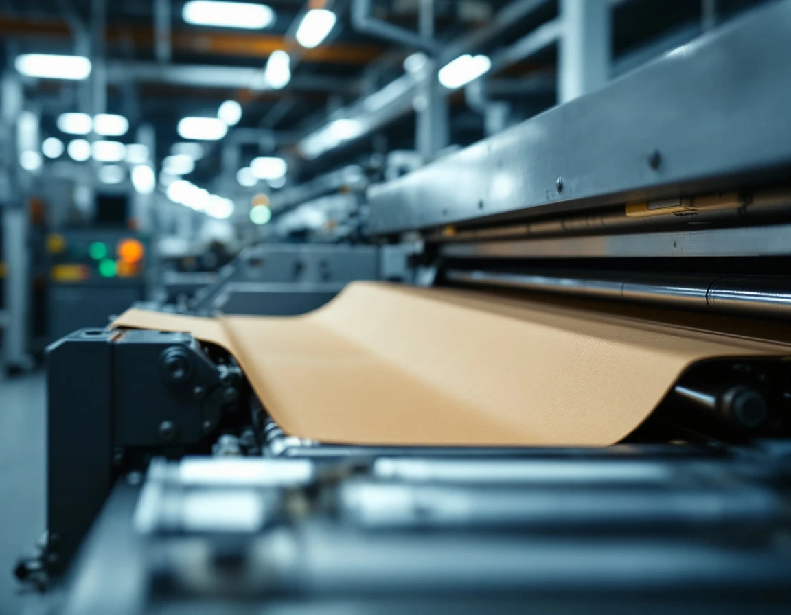 Industrial printing press rollers feeding corrugated cardboard through precision machinery in packaging facility