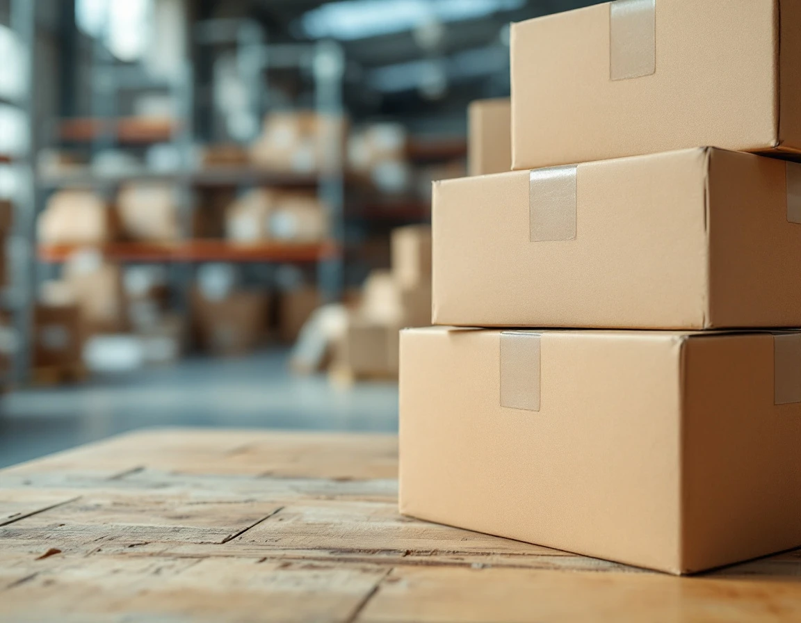 Stacked cardboard boxes with packing tape and materials on warehouse table in fulfillment center