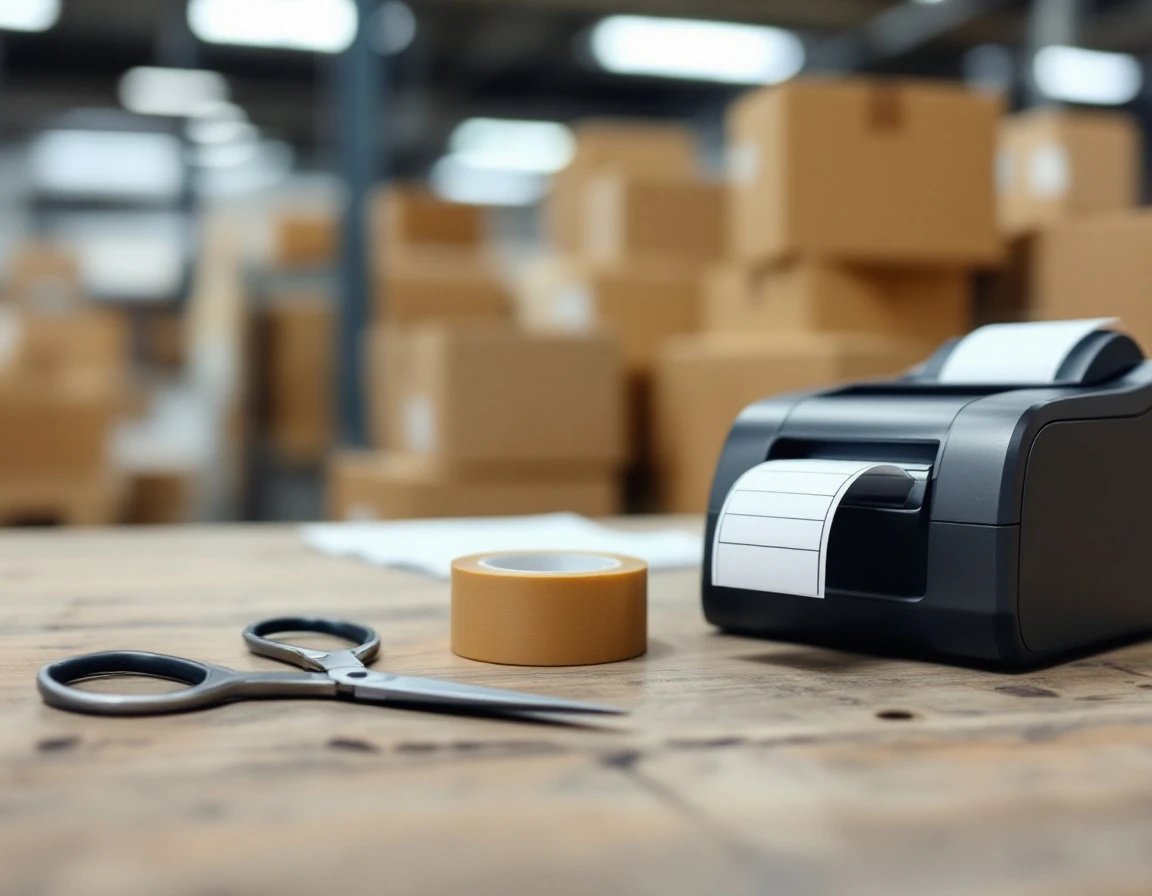Packing supplies and thermal printer on warehouse workbench with shipping boxes in background