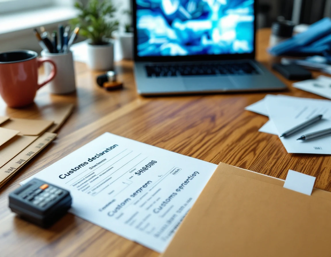 Shipping workspace with customs forms, calculator, and shipping materials on wooden desk with natural lighting