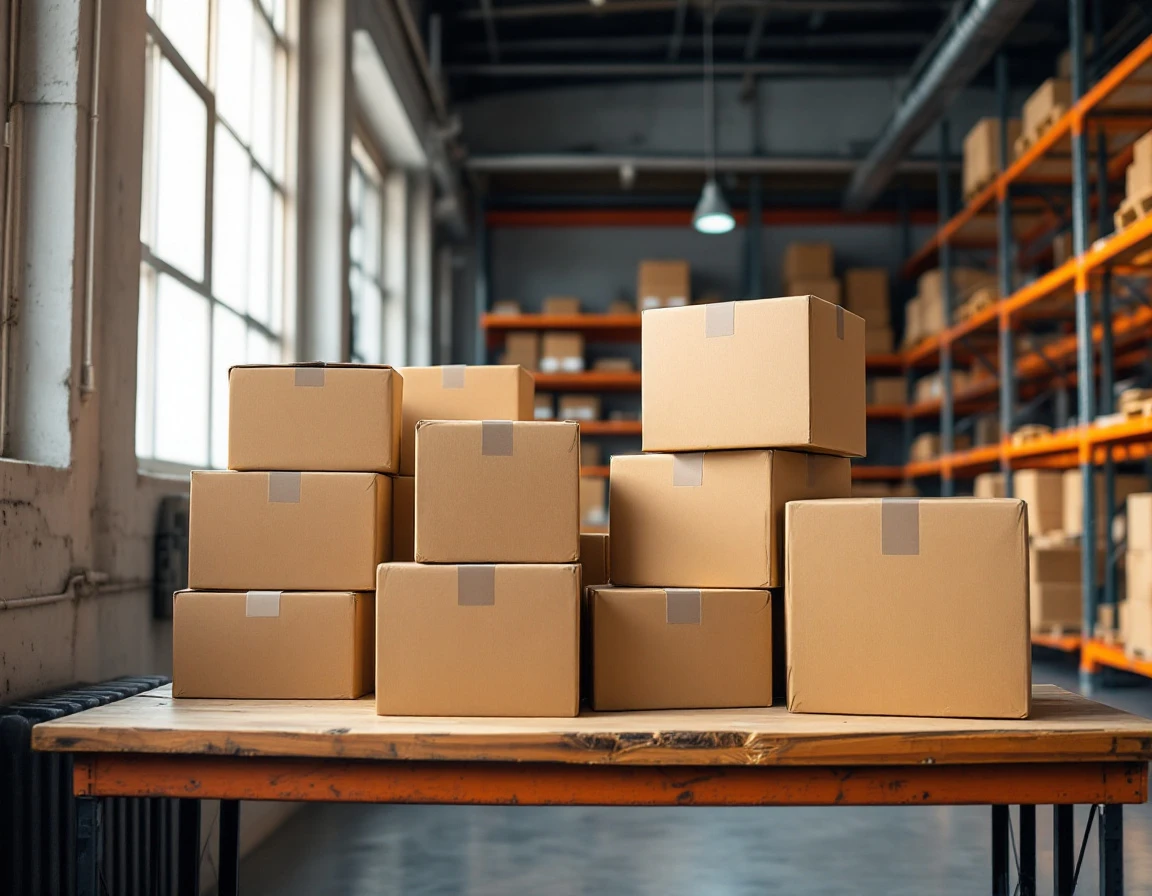 Stacked cardboard boxes on workbench in modern European logistics warehouse with natural lighting