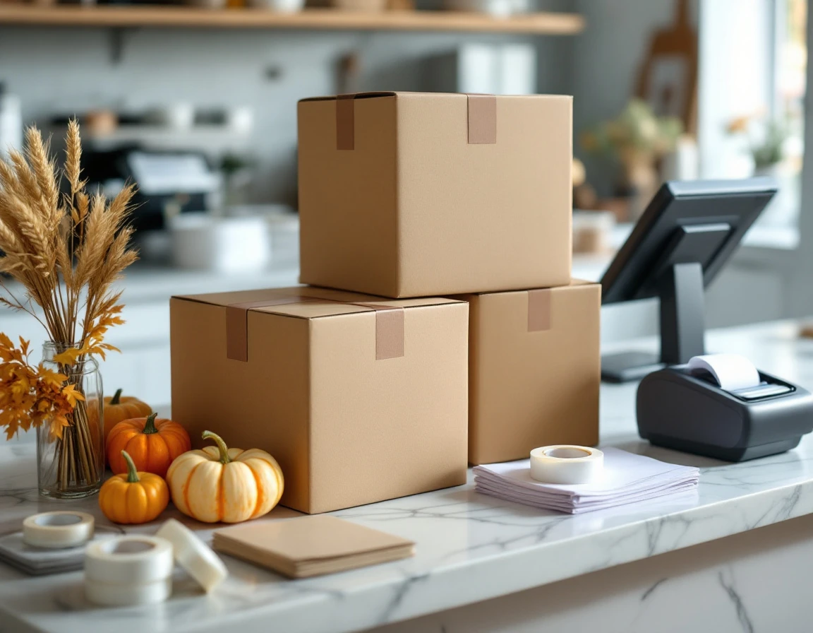 Retail counter with stacked shipping boxes, packing tape, bubble wrap, and autumn decor beside POS system