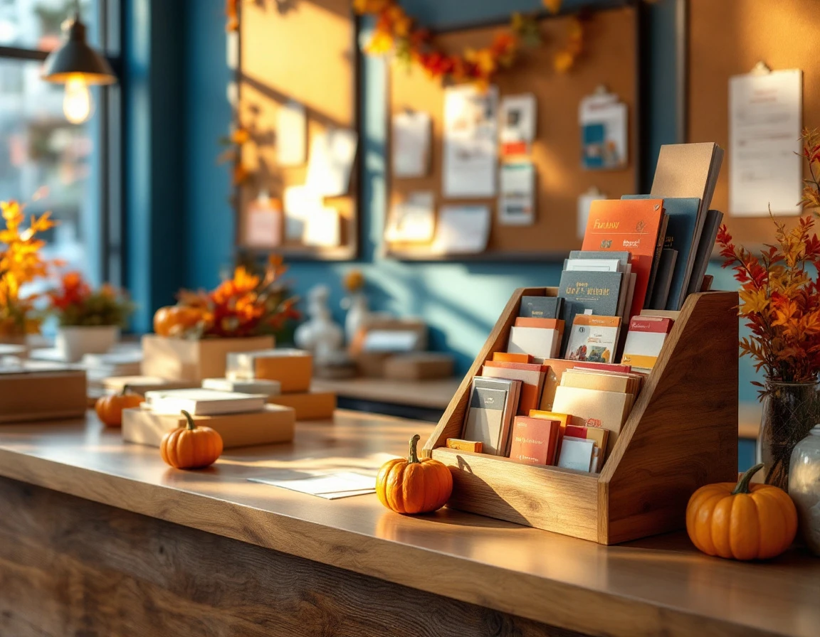 Retail counter displaying fall seasonal items with shipping supplies and printing samples in warm autumn lighting