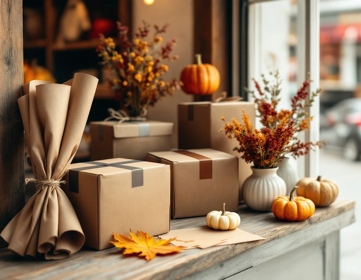 Windowsill display with shipping boxes, printed samples, and autumn foliage in natural retail setting