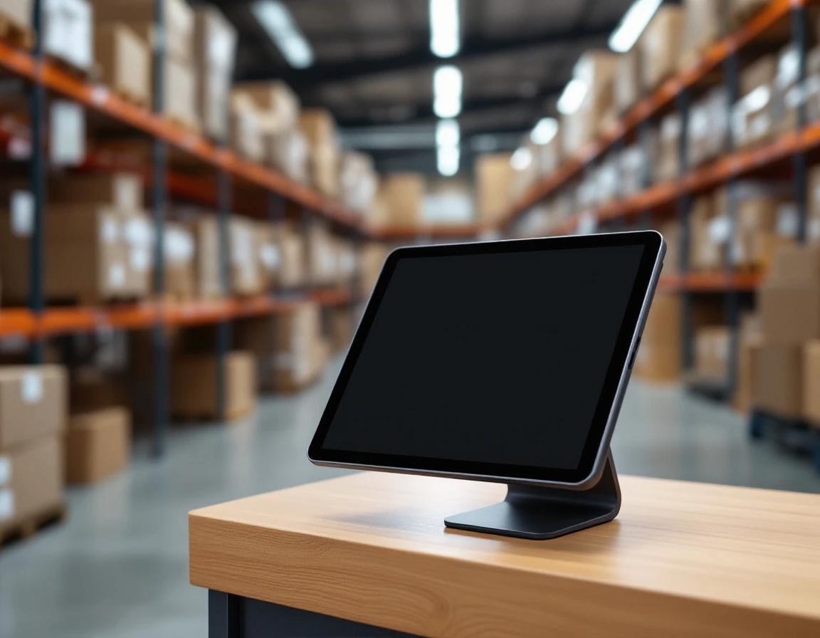 Modern POS tablet system on wooden counter in organized warehouse retail environment with inventory shelving