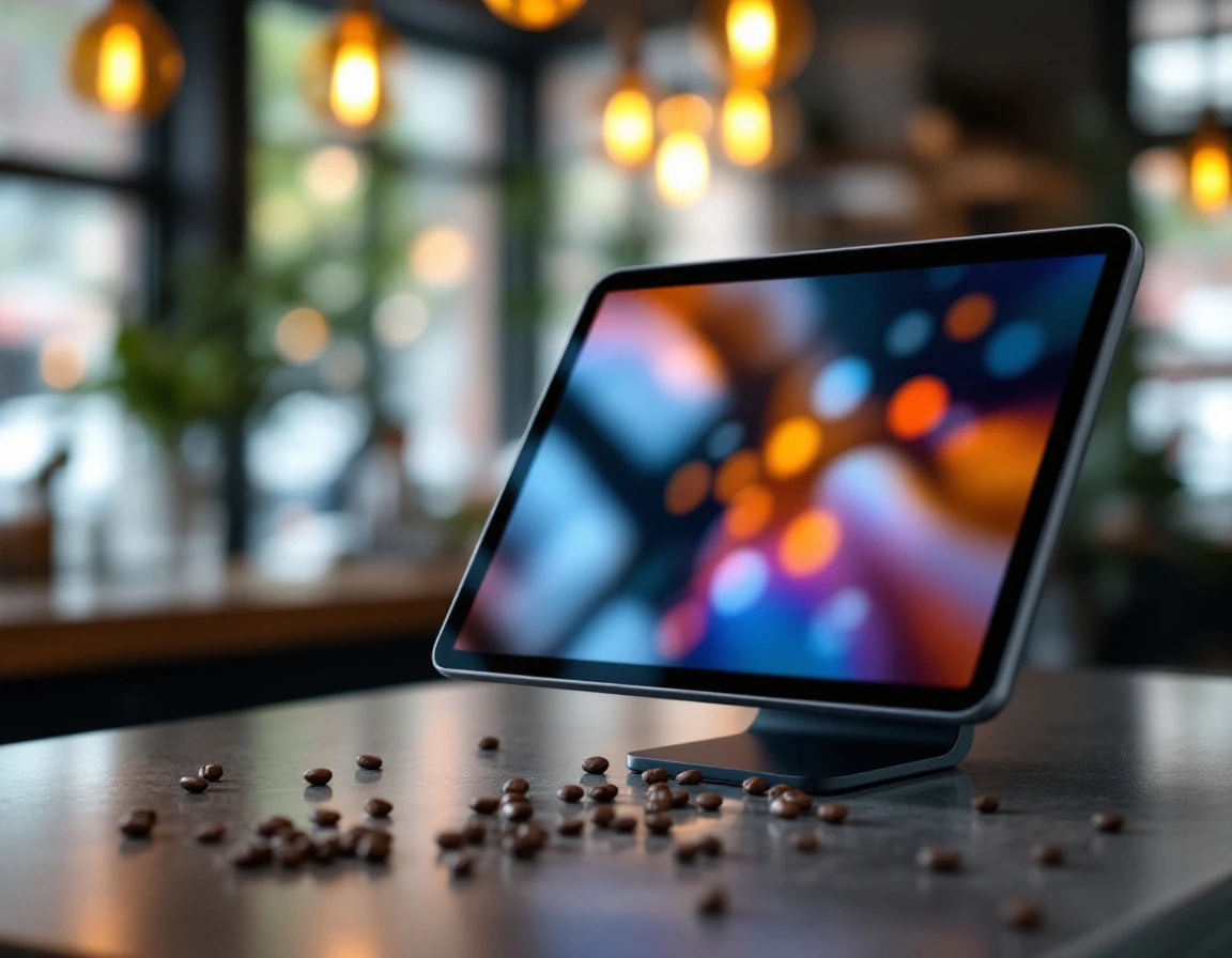 Modern POS tablet with blurred interface display on café counter with natural window lighting and ambient reflections