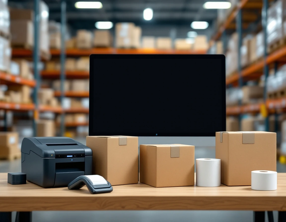 Barcode scanner, label printer, and shipping boxes arranged on retail workspace in warehouse setting