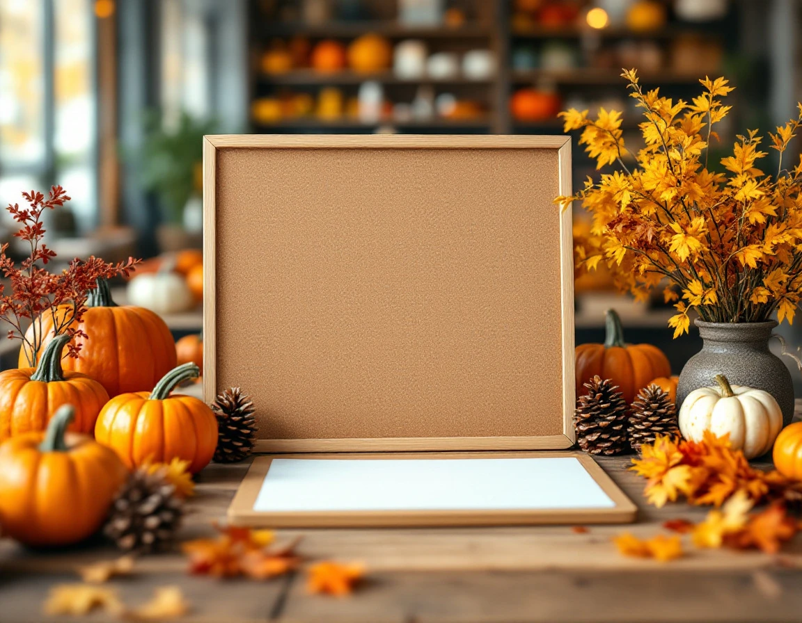 Organized retail workspace with autumn decorations and blank planning board for seasonal inventory management