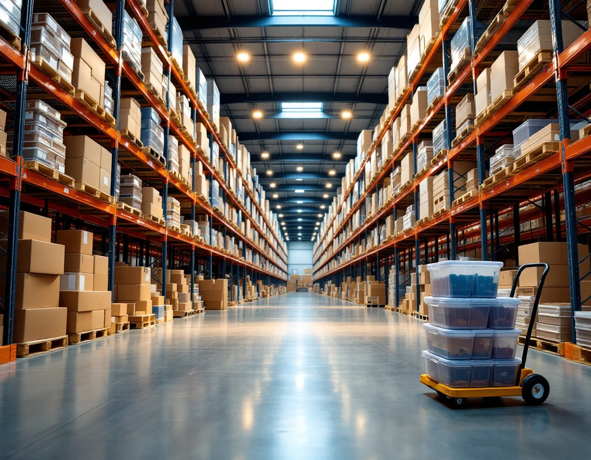 Warehouse aisle with organized pallet racking and inventory bins for multi-location retail stock management