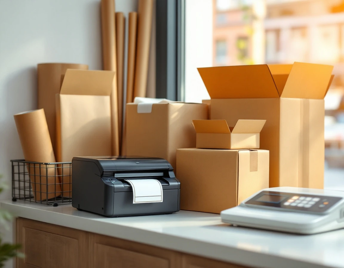 Organized shipping station with printer, scale, and cardboard supplies in focused workspace arrangement