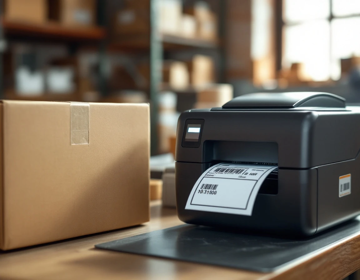 Thermal printer producing shipping label at retail counter with package on scale
