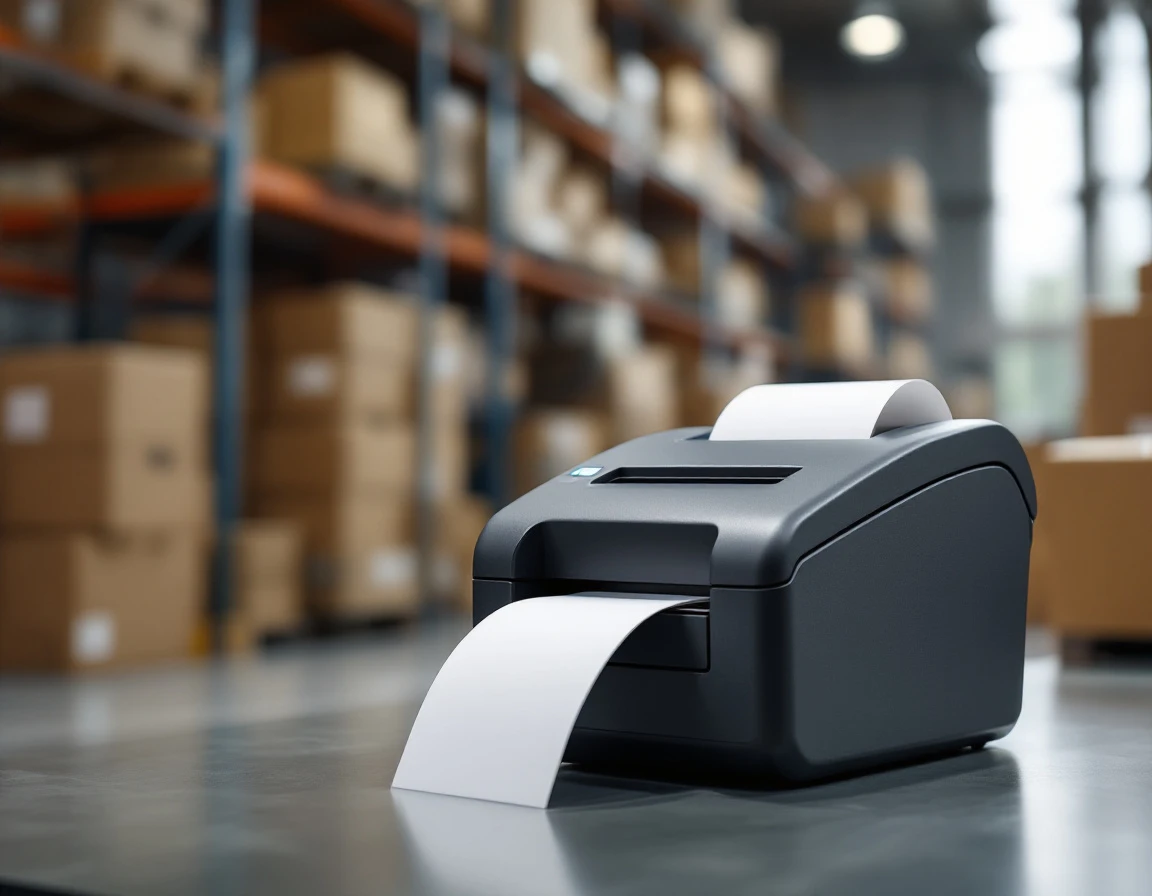 Thermal label printer on warehouse desk with blank output, shipping boxes visible in soft focus background