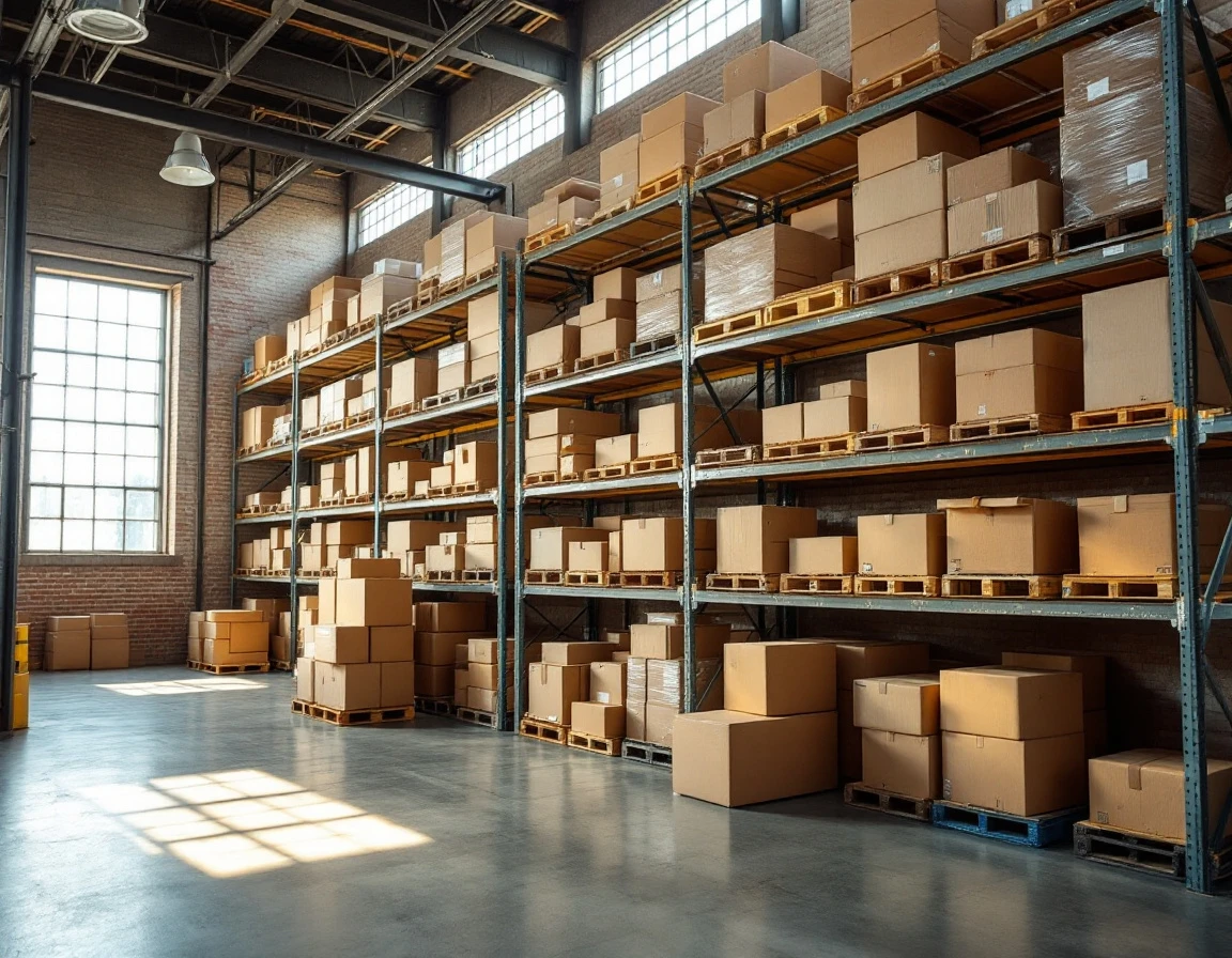 Organized warehouse shelving with cardboard boxes in natural window light showing authentic industrial workspace