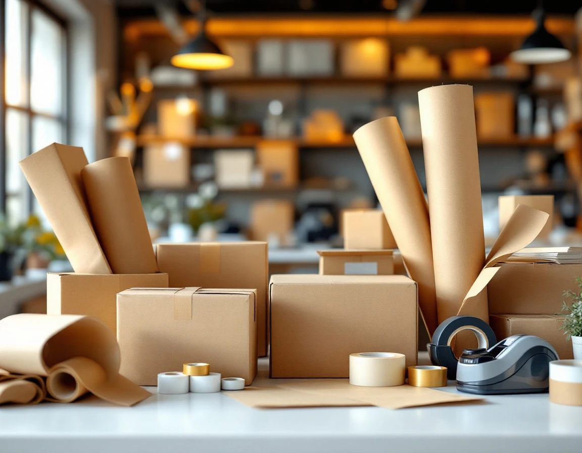 Shipping supplies and packaging materials organized on a pack-and-ship store counter workspace