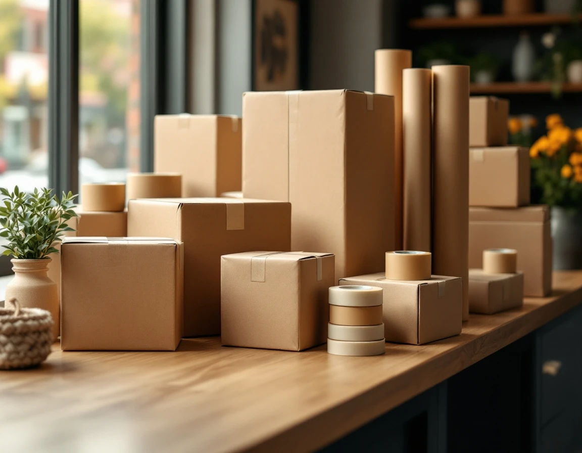 Plain cardboard boxes and kraft paper packaging materials arranged on retail counter workspace