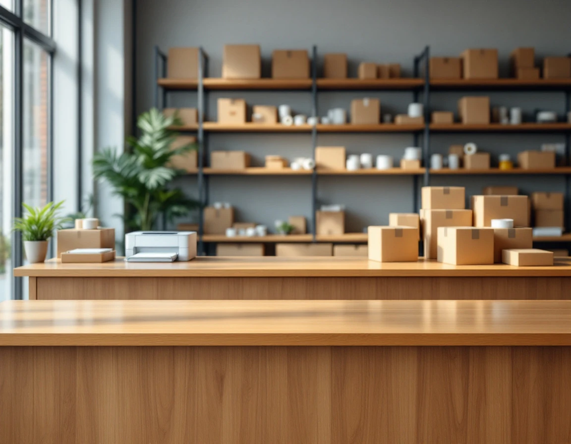 Multi-service retail counter with shipping supplies, printer, and organized zone layout in natural window light