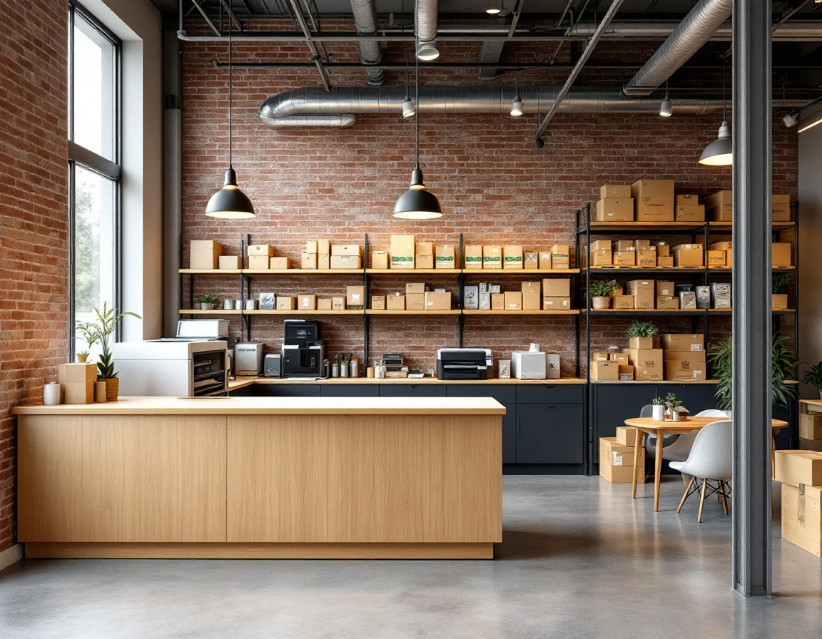 Multi-zone retail service workspace with intake counter, fulfillment area, and organized storage shelving
