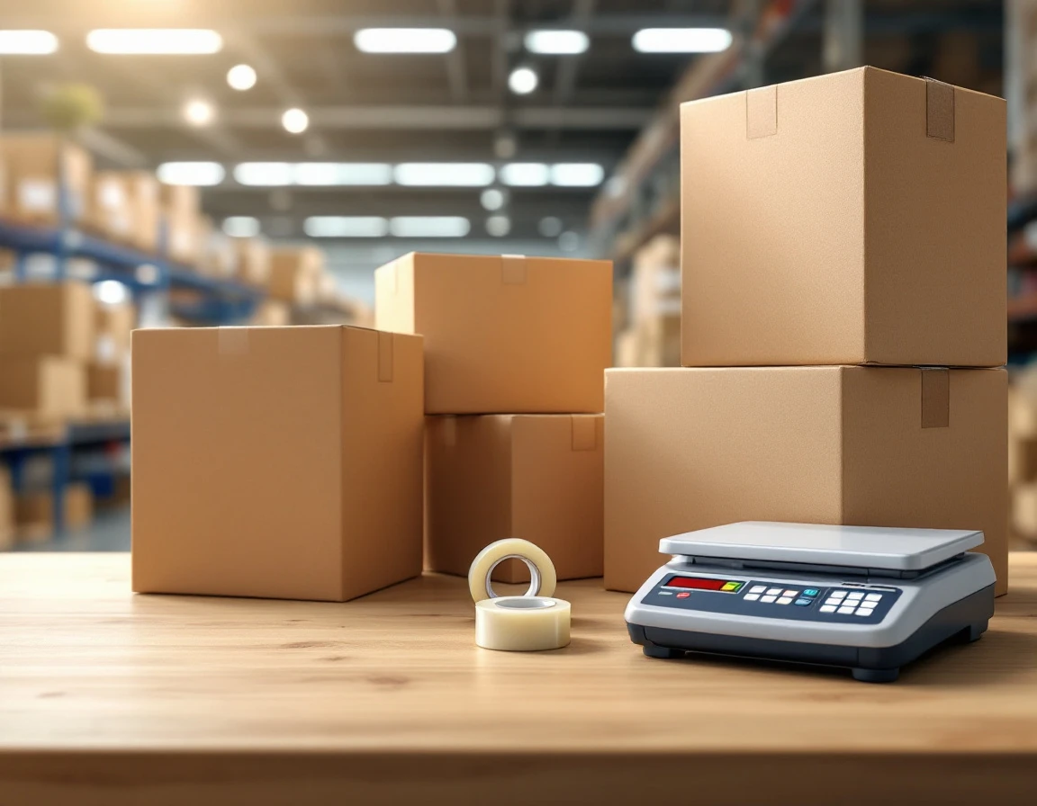 Cardboard shipping boxes and packing supplies arranged on retail counter for customer pickup
