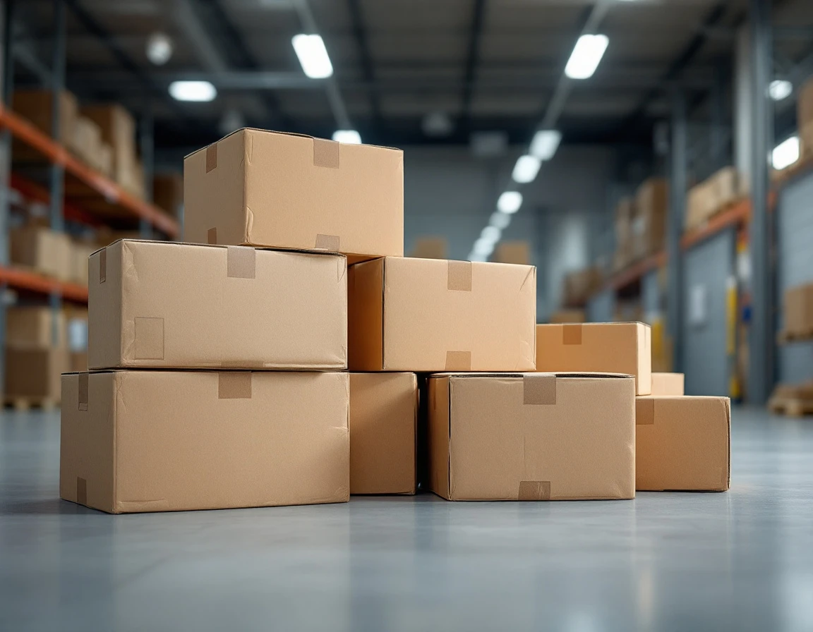 Stacked cardboard shipping boxes of varying sizes showing natural wear in warehouse lighting