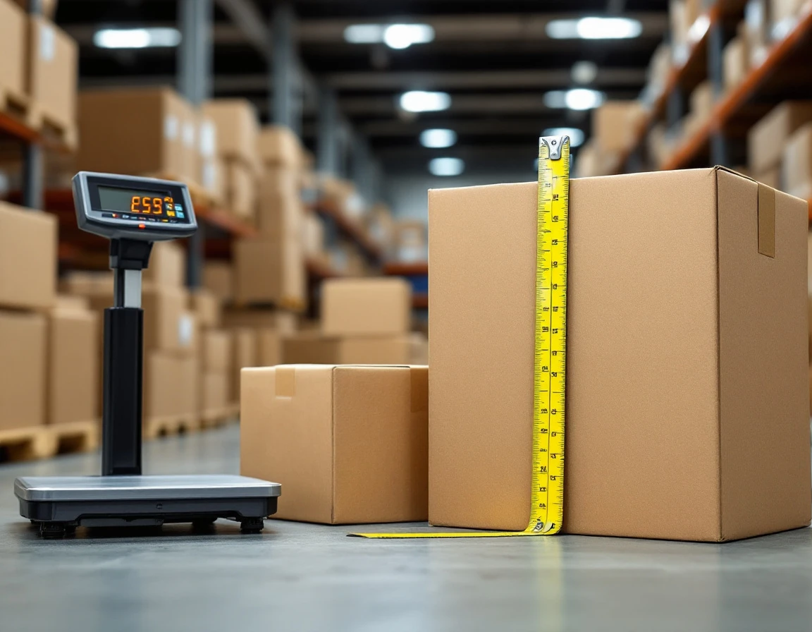 Cardboard shipping boxes with measuring tape and postal scale demonstrating dimensional weight measurement