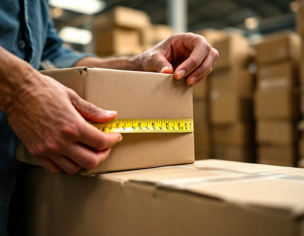 Hands measuring unmarked cardboard box dimensions with plain measuring tape in warehouse setting
