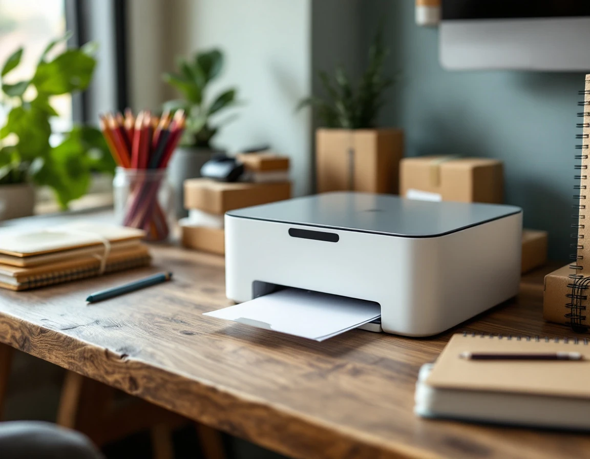 Retail workspace with printer, school supplies, and shipping materials arranged for cross-selling