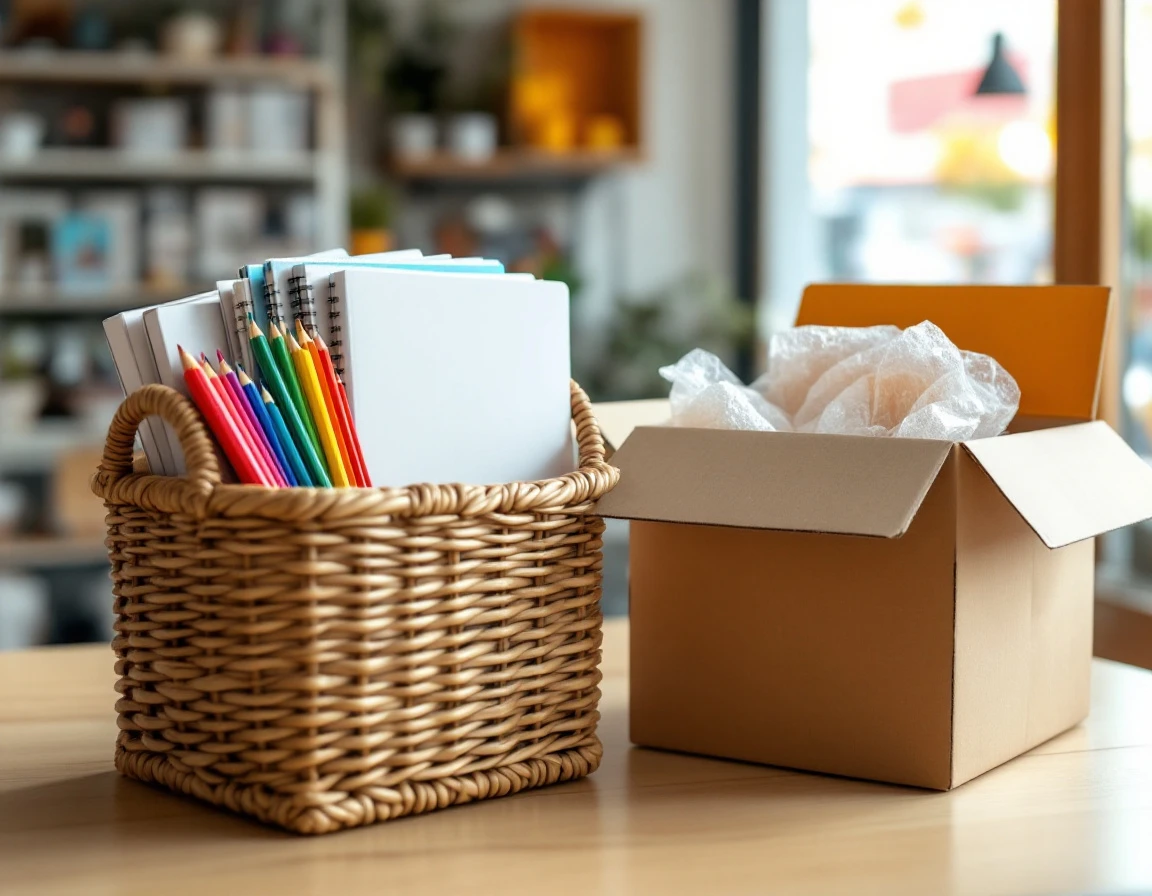 Woven basket filled with school supplies next to shipping box on retail counter