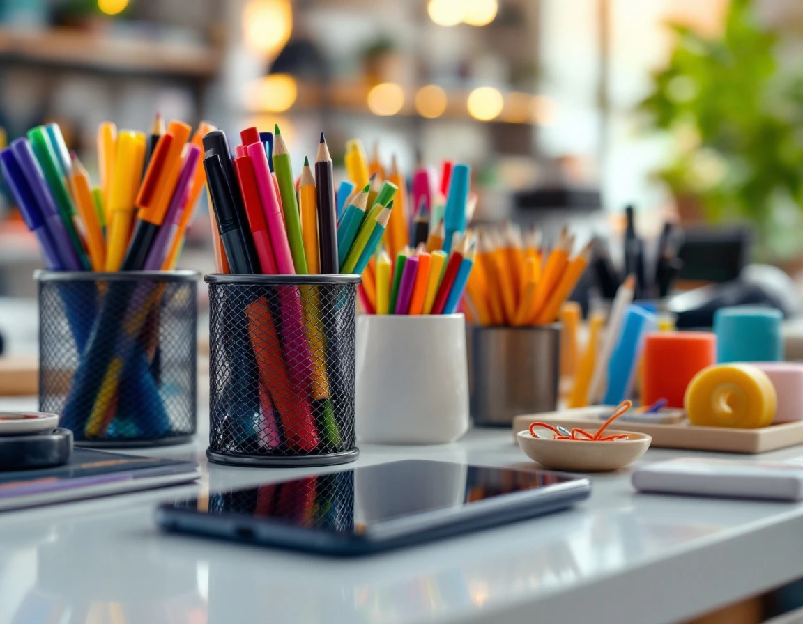 Organized school supplies and smartphone at retail checkout counter with pens, pencils, and office accessories