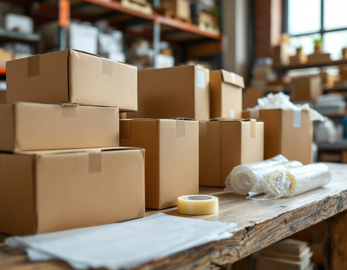 Disorganized shipping supplies and unmarked boxes scattered across retail counter showing inventory tracking challenges