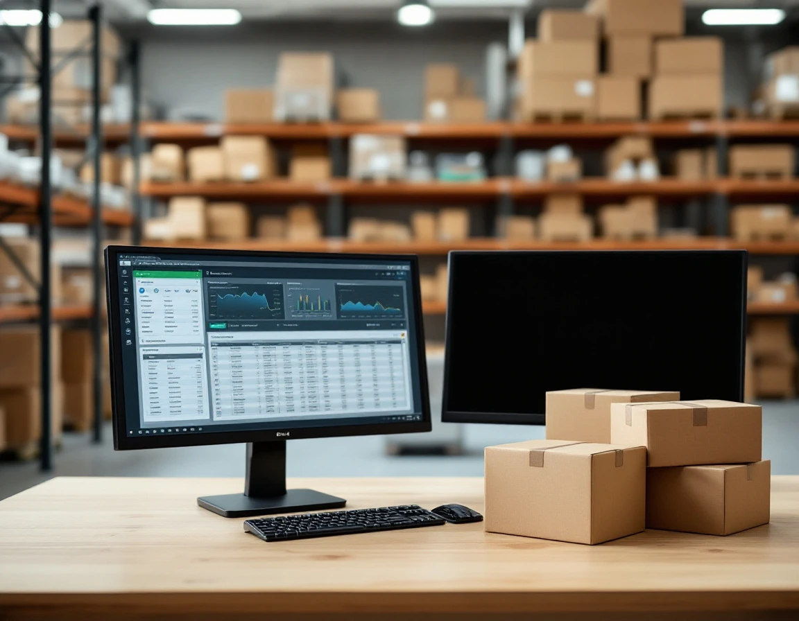 Warehouse office desk with dual monitors showing inventory software and blank shipping boxes