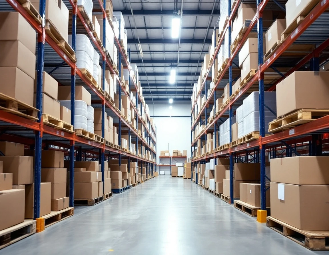 Organized warehouse shelving with unmarked shipping materials and packaging inventory across multiple rack levels