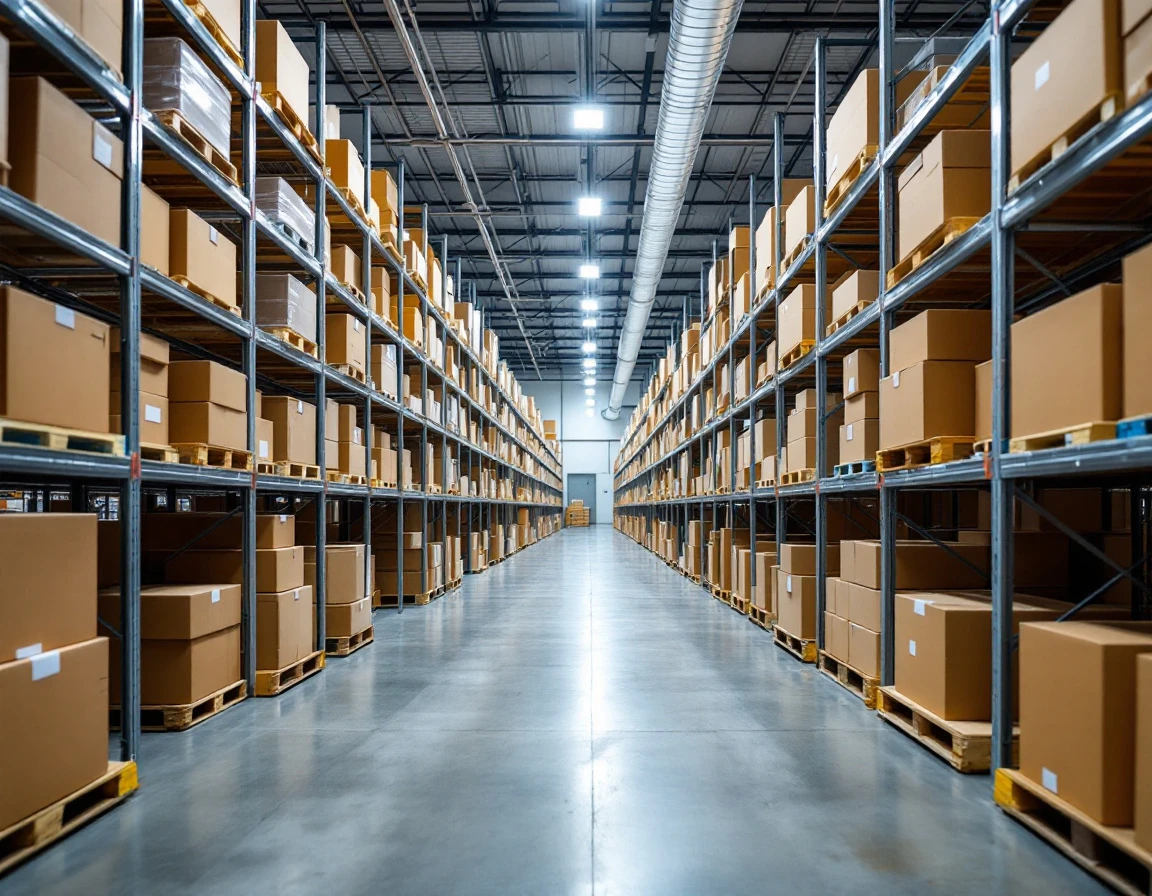Organized warehouse shelving with inventory boxes in a modern fulfillment center interior