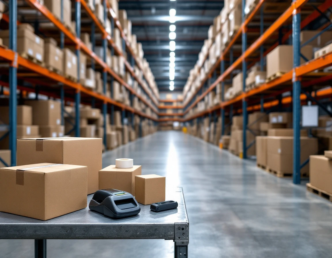 Warehouse packing station with shipping boxes, scanner, and inventory shelving in fulfillment center