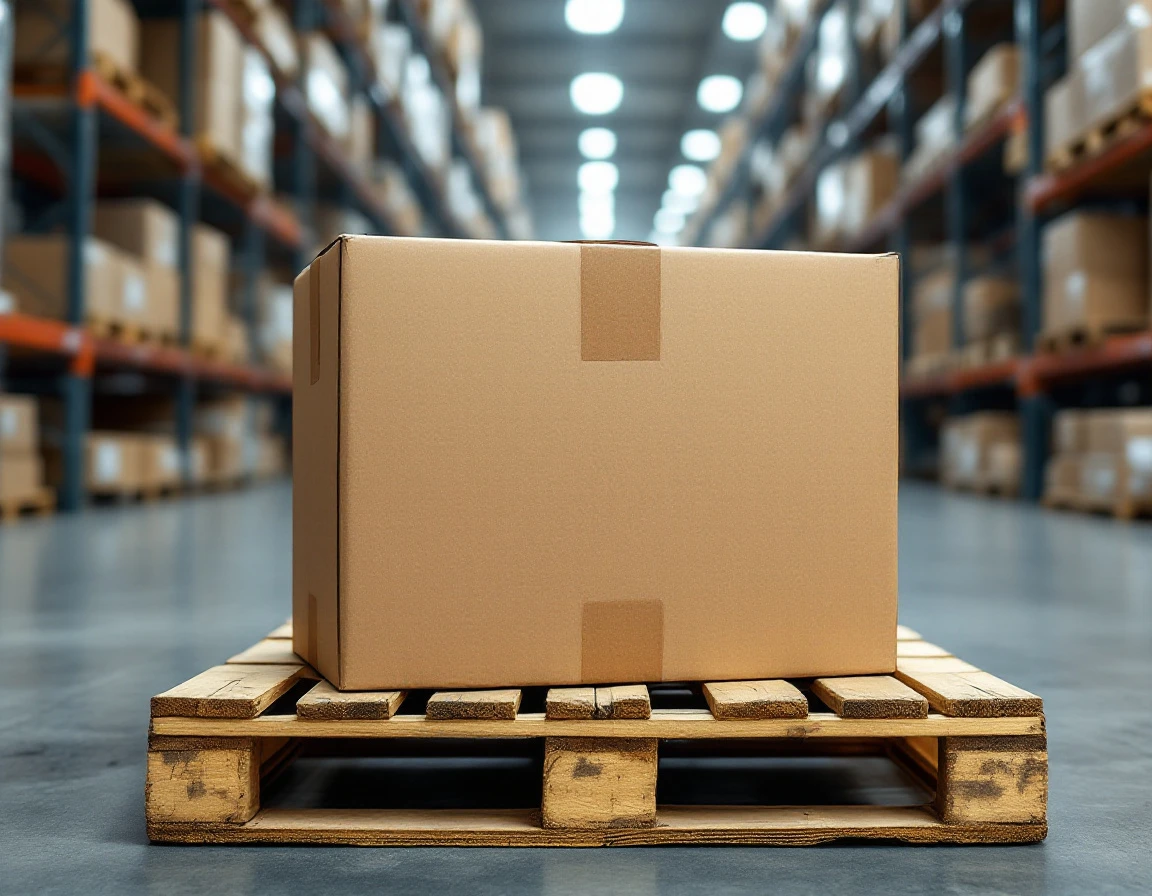 Cardboard shipping box on wooden pallet in fulfillment warehouse with shelving in background