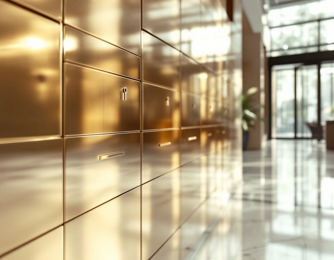 Professional mailbox cluster in modern commercial building lobby with natural lighting and polished finishes